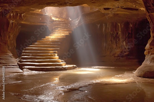 Sunlit stone stairway descends into a cave