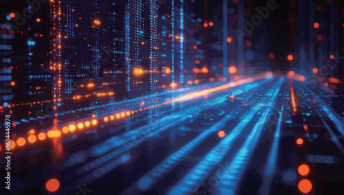 A cityscape with a long road and a bright orange glow. The city is lit up with neon lights, creating a futuristic and vibrant atmosphere. The scene is filled with a sense of energy and excitement