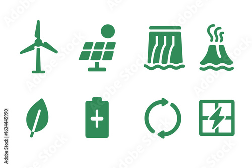 Renewable energy symbols representing wind, solar, hydro, geothermal, and battery technologies for sustainable power solutions