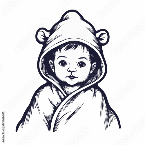 Adorable baby in hooded towel with ears, showcasing a cute design with rounded ears and cozy fabric, perfect for bath time moments. Concept baby care and comfort for parenting content.