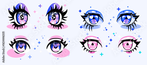 Vector anime-style illustration of expressive, sparkling eyes in blue, pink, and purple. The style is kawaii pop art, featuring stars, hearts, and bold shapes. Bright, pastel palette.