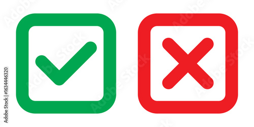 Check mark and cross mark icon button. Colourful check box icon. Right and wrong buttons. Yes or no checkmark icons. Green tick box and red cross box on white background. 