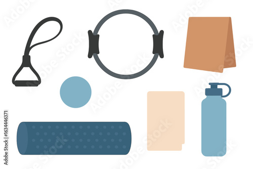 Fitness equipment arranged for a workout session at a home gym during midday