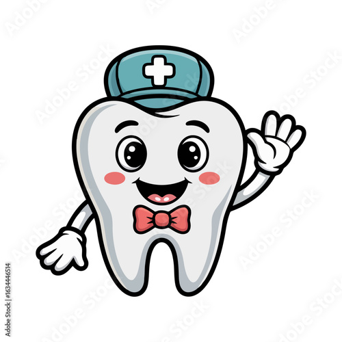 cute cartoon tooth character with nurse hat, red bow tie and gloves waving and smiling for dental health and hygiene promotion