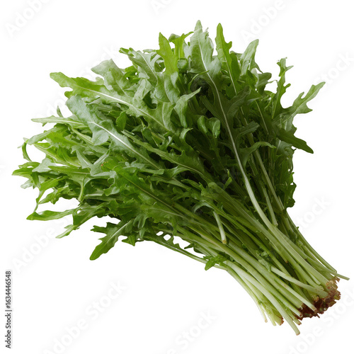 Fresh bunch of arugula, vibrant green leaves with a peppery taste, perfect for salads and garnishes, isolated on a white background.