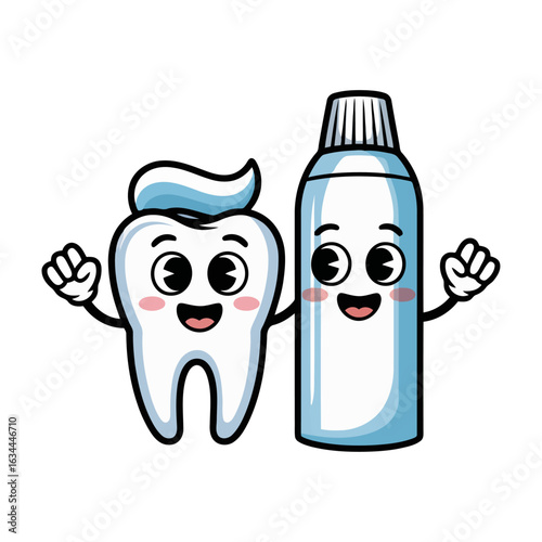 cute cartoon tooth and toothpaste characters with happy expressions and raised arms, promoting dental hygiene and oral