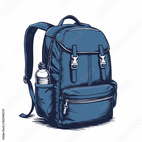 Stylish backpack with side water bottle in blue. Durable backpack features spacious compartments and ergonomic design ideal for outdoor adventures. Perfect backpack for hiking, travel, or daily use.
