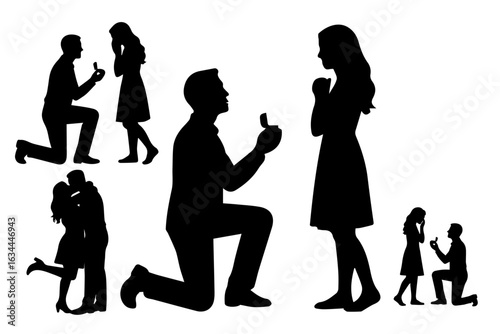 A man gets down on one knee and proposes to a woman couple love silhouette