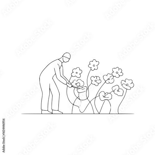 Vector a gardener tending to a flower garden with clippers in a simple black and white line drawing style minimilist