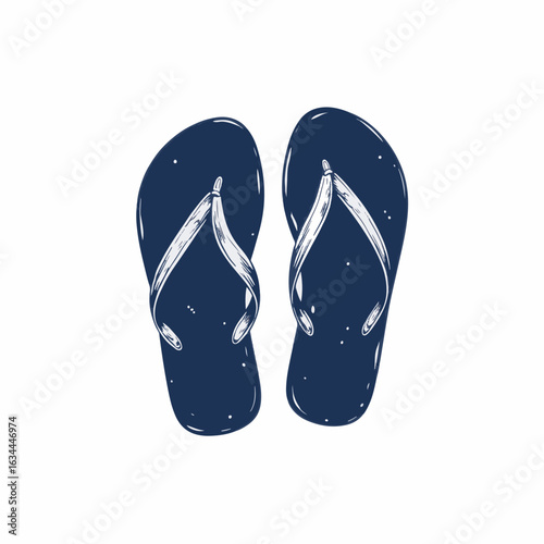Comfortable beach flip flops in navy blue and white style on white background. Summer beach essentials include casual footwear ideal for relaxation and enjoyment.
