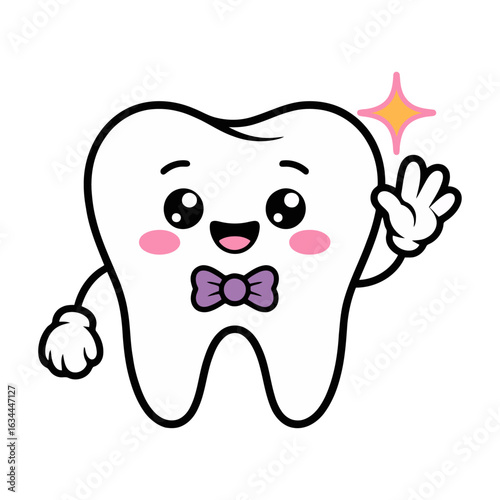 cute cartoon tooth character with bow tie waving and sparkling, fun dental hygiene mascot for kids oral care and clinic promotion