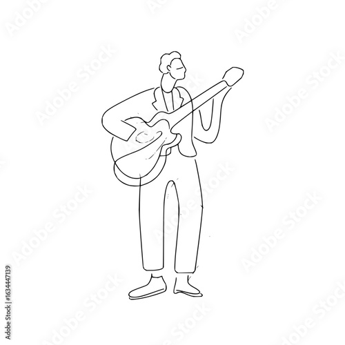 Vector a sketch of a man standing and playing a guitar with a suit jacket in black and white line art minimilist