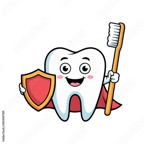happy cartoon tooth character with red cape holding toothbrush and shield, fun dental hygiene mascot for kids oral care promotion