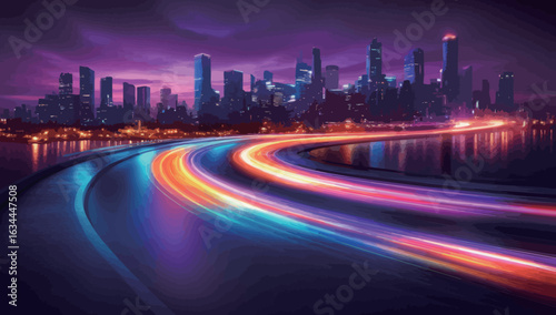 A city skyline is lit up with neon lights and the road is filled with cars. The city appears to be in the middle of a busy night, with the lights from the cars and buildings creating a vibrant
