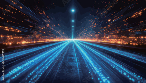 A city skyline is lit up with neon lights and the road is filled with cars. The city appears to be in the middle of a busy night, with the lights from the cars and buildings creating a vibrant