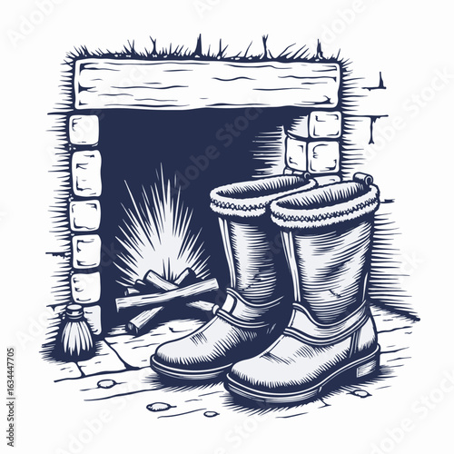 Warm winter boots drying near cozy fireplace with crackling fire and stone hearth. Comfortable boots provide warmth in winter scenes,