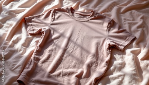 Tshirt displayed on textured fabric bedroom setting product photography soft lighting close-up view minimalist concept