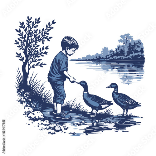 Boy feeding ducks by serene lake with trees in background. Child interacts with nature while feeding ducks near water's edge. Concept of childhood innocence and connection to wildlife.