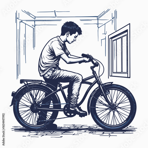 Boy repairing bicycle in garage with focused expression while adjusting tire. Bicycle maintenance includes tools and attention to detail in interior space,