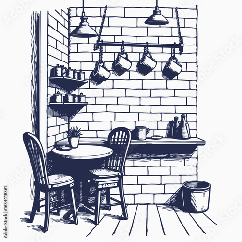 Cozy cafe interior with brick wall and hanging mugs creating inviting atmosphere. Decorative kitchen area features stylish shelving, wooden chairs, and rustic table.