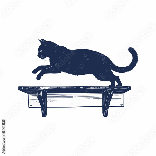 Cat jumping from shelf for playful moment indoors. Playful cat leaps gracefully from shelf, showcasing agility and curiosity in home environment.