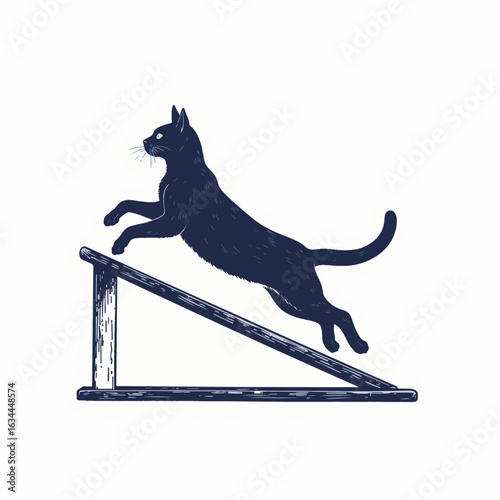 Cat leaping from shelf onto inclined surface with playful energy and grace. Cat jumps with agility on wooden ramp, showcasing feline prowess and lively spirit.