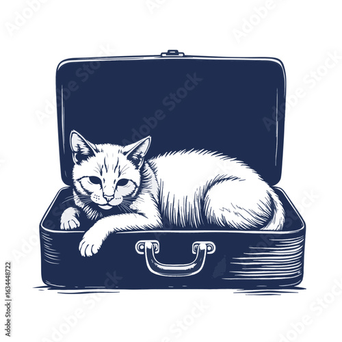 Cat lying in open suitcase with relaxed pose and cozy expression. Charming cat is comfortably resting inside luggage, providing a whimsical travel theme for cat lovers.