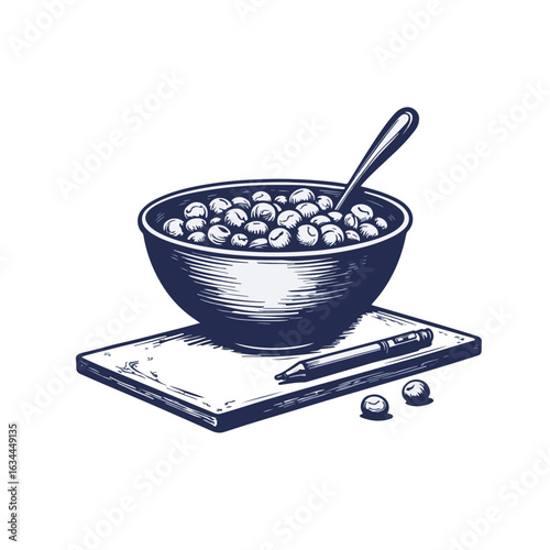 Cereal bowl beside drawing pad with spoon and pen. Cereal bowl contains round cereal pieces and is placed on sketch pad. Ideal for breakfast concepts, cereal recipes, and food illustrations.