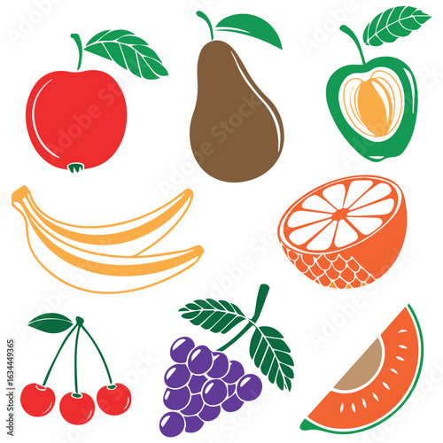 A vibrant collection of hand drawn fruits including apples pears bananas grapes cherries and citrus
