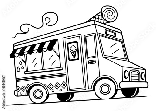 Whimsical ice cream truck line art, cartoon style, with serving window and simple swirl details, thick outlines, coloring book page, isolated on white