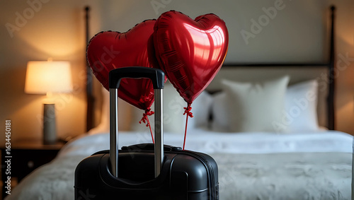 A black suitcase with red heart-shaped balloons, modern hotel room - Valentine's day celebration, romantic getaways, couple holiday, february 14 promotion, anniversary, luxury travel concept 