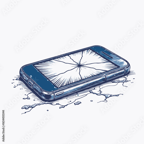 Cracked phone screen on bench with shattered display and protective case lying on wooden surface. Phone screen shows visible cracks, symbolizing damage and vulnerability.