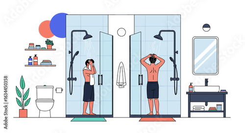 Two men showering in separate cubicles in a modern bathroom with toilet sink and shelves showcasing hygiene products