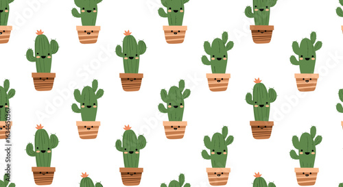 Cute kawaii cacti pattern with happy smiling faces and delicate pink flowers adorning small potted plants