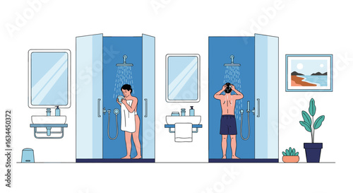 Two people showering in separate modern shower stalls in a clean bathroom with minimalistic design elements and natural light creating a serene atmosphere