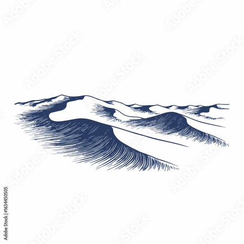 Desert sand dunes in flowing lines create elegant landscape illustration with waves of undulating sand. Desert sand dunes showcase natural patterns in an artful manner,