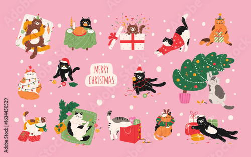 Set of funny cats celebrating Christmas with holiday decorations. Kittens in sweaters and scarves with garlands, present, toys, Christmas wreath and tree. Hand drawn cartoon illustration