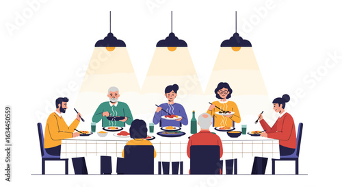 Happy family gathering enjoying a delicious meal together around the dining table with warm lighting