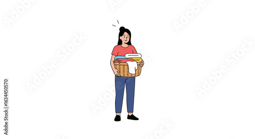 Woman carrying a full laundry basket with folded clothes for washing and household chores