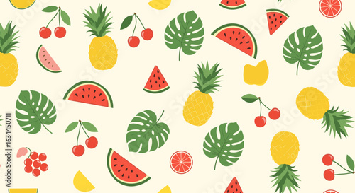 A vibrant and cheerful tropical fruit pattern featuring pineapples watermelons cherries and monstera leaves on a cream background