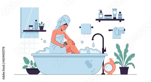 A woman enjoying a relaxing bath with skincare products in a bright modern bathroom setting