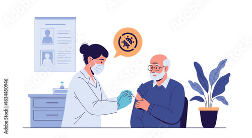 Doctor administering vaccine injection to elderly man for protection against disease