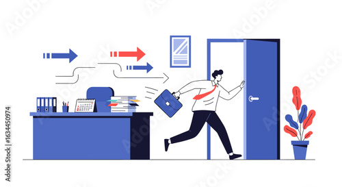 Businessman rushing out of office towards opportunity with arrows showing direction and progress towards career growth
