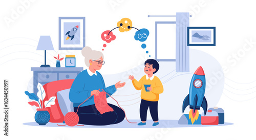 Grandmother knitting and sharing childhood dreams with grandson in cozy living room with rocket toy symbolizing imagination