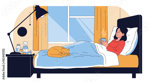 A young woman rests in bed with a cup of tea and her cat nearby feeling unwell and unwell