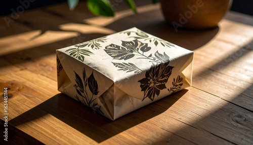 Gift Wrapped in Floral Paper on Wooden Table Surface with Sunlight