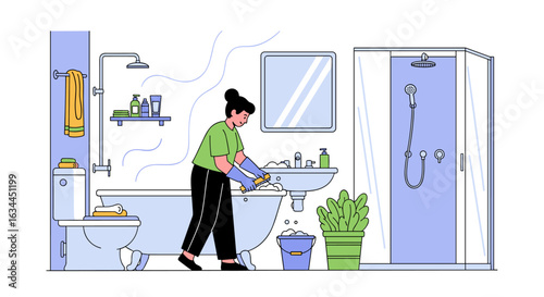 Woman diligently cleaning a modern bathroom sink with a sponge and soap wearing rubber gloves to maintain hygiene and tidiness