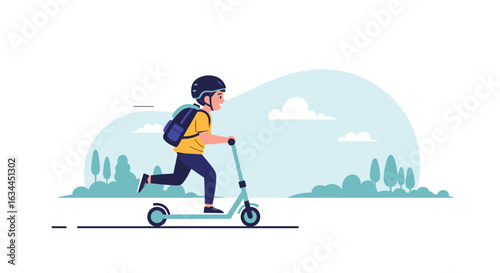 A young person wearing a helmet and backpack rides a scooter on a paved path through a park with trees and clouds in the background