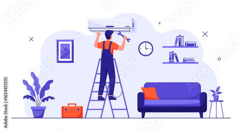 Professional technician installing an air conditioning unit on the wall while standing on a ladder for home cooling solutions and maintenance services