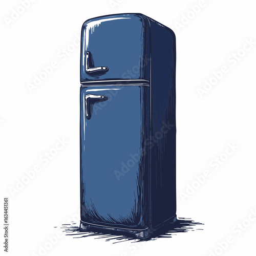 Vintage refrigerator with dark blue finish showing classic design and functional features. The vintage refrigerator blends style and utility,